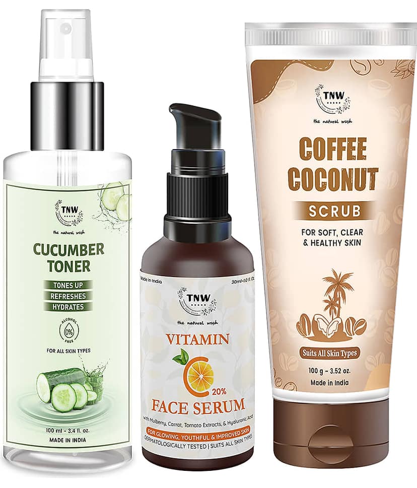 TNW - The Natural Wash Ultimate Coffee Coconut Scrub + Vitamin C Serum & Cucumber Toner Facial Kit mL Pack of 3