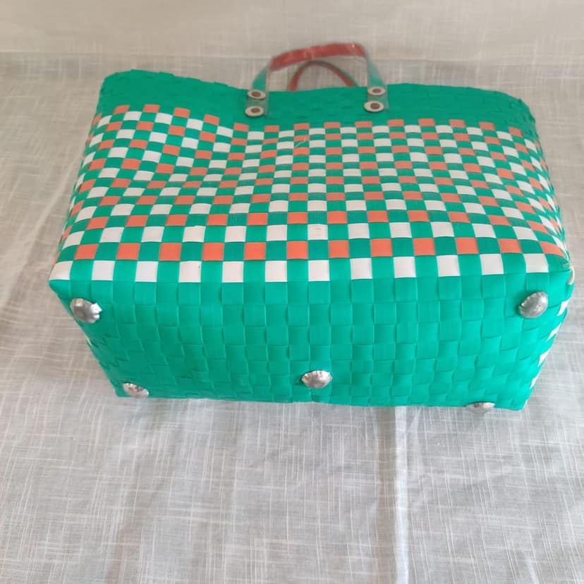 Green and Orange Checkered Plastic Woven Bag view 3