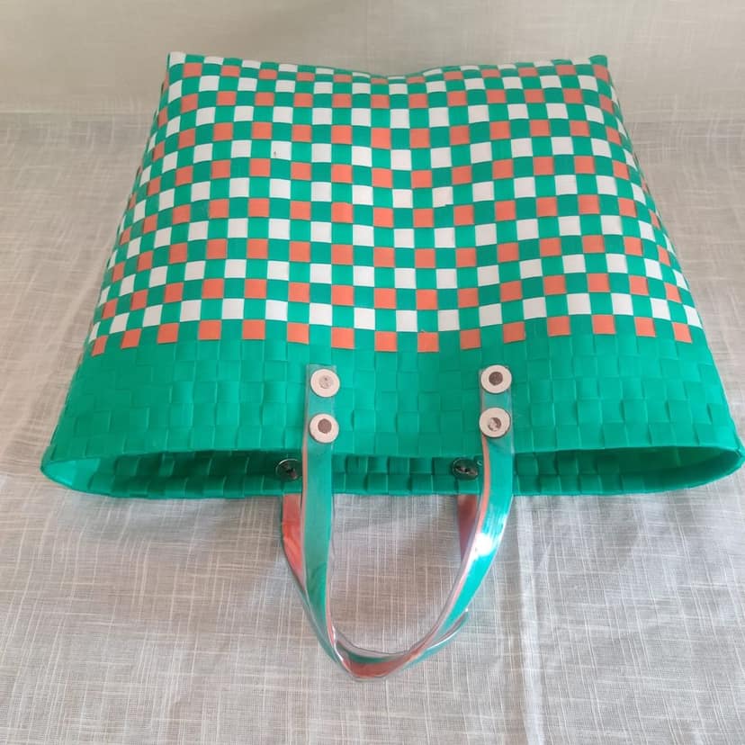Green and Orange Checkered Plastic Woven Bag view 4