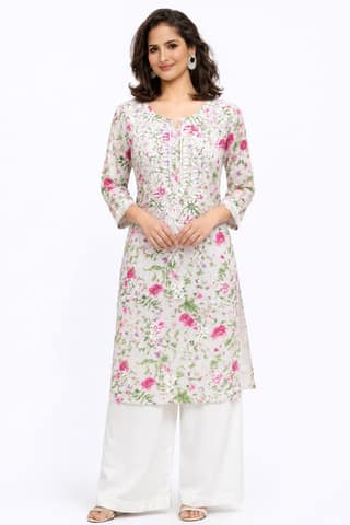 Women’s Printed Soft Cotton Chikankari Kurti with Lucknowi Hand Embroidery | 3/4 Sleeve | 46 Inch Length | Sizes 38-46