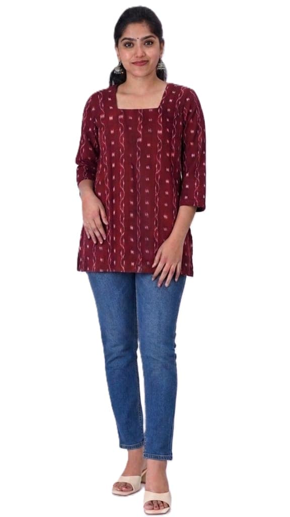 GHL Women's Premium Sambalpuri Ikat Handloom Cotton Short Kurti | Square Neck Ethnic Top | Office Wear, College Wear & Casual Kurti for Women view 3