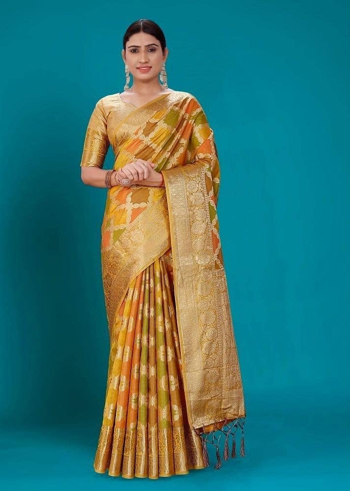 Woven Organza Saree in Mustard and Multicolor