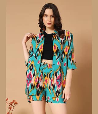 OTABU Women Printed Shirt With Shorts Co-Ord Set ( Green )
