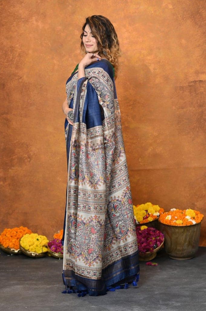Designed By VMI~ Handloom Pure Tussar Silk Saree With Beautiful Madhubani Print view 3