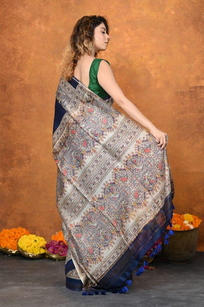 Designed By VMI~ Handloom Pure Tussar Silk Saree With Beautiful Madhubani Print view 4