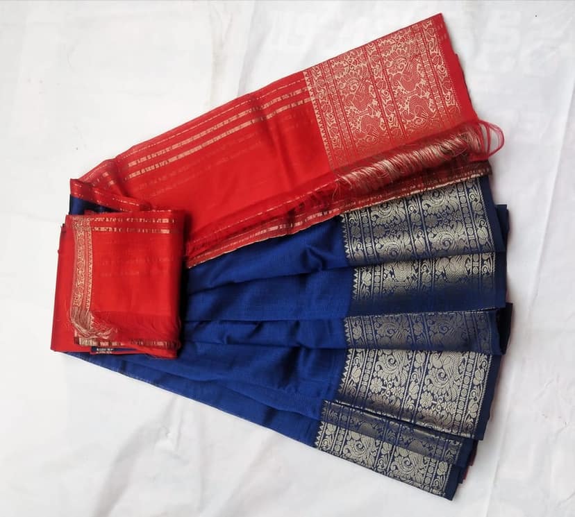 Blue and Red Kanjivaram Silk Saree view 3