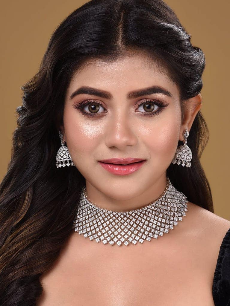 Silver Rhodium Plated White AD Choker Jhumka Jewellery Set view 2