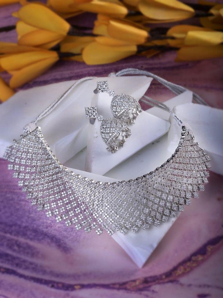 Silver Rhodium Plated White AD Choker Jhumka Jewellery Set view 3