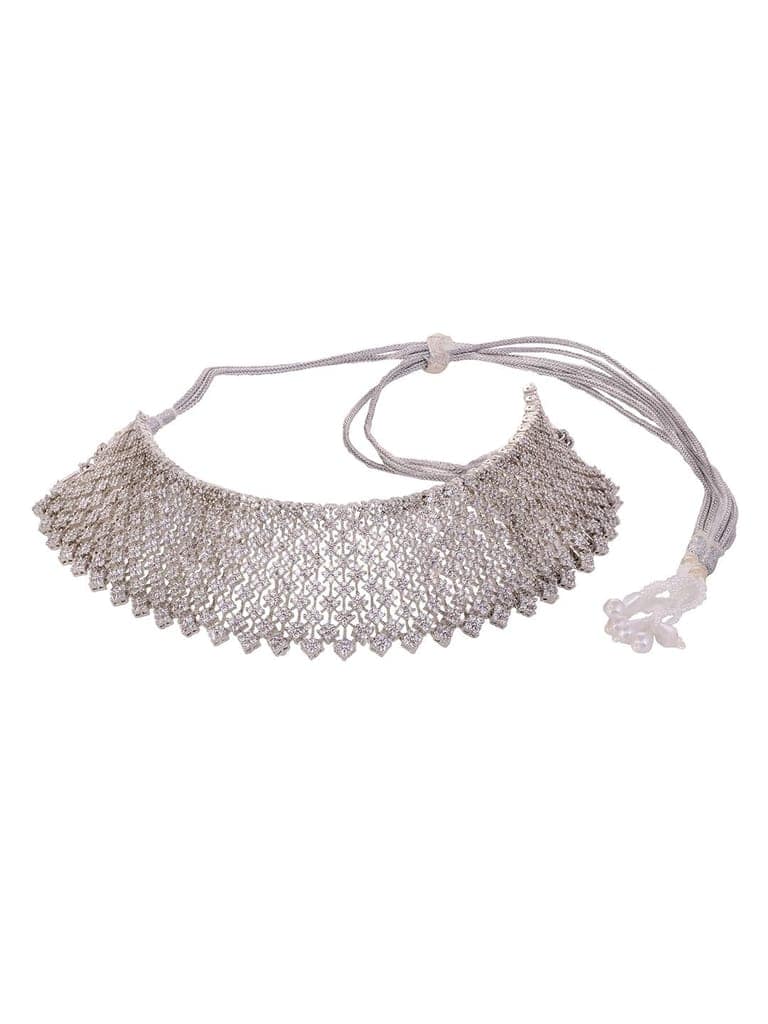 Silver Rhodium Plated White AD Choker Jhumka Jewellery Set view 5
