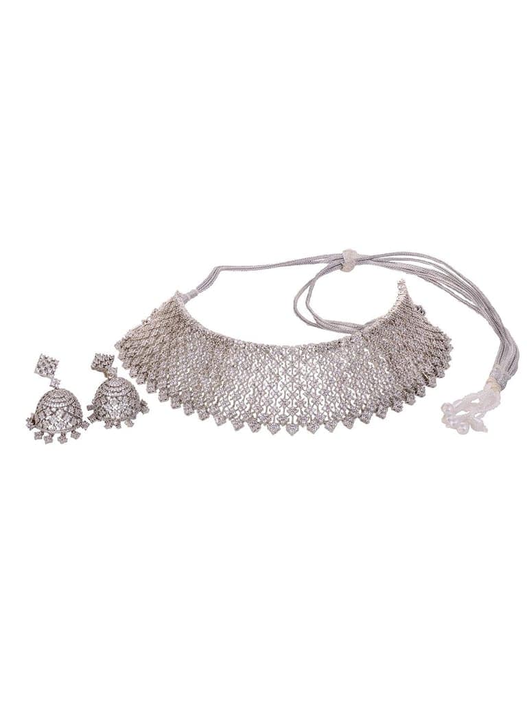 Silver Rhodium Plated White AD Choker Jhumka Jewellery Set view 6