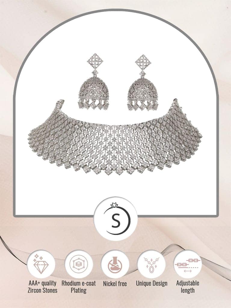 Silver Rhodium Plated White AD Choker Jhumka Jewellery Set view 8
