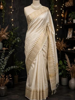 Kota Viscose Semi Raw Silk Saree with Golden Zari Mangalgiri Border