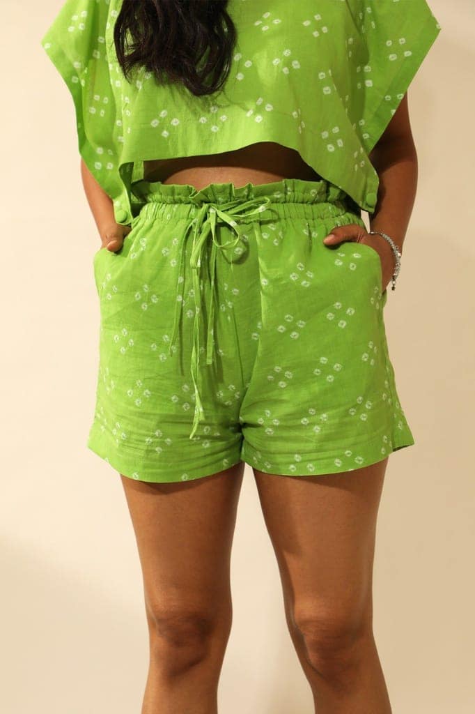 Bandhani Paper Bag Waist Shorts In Lime Green view 4