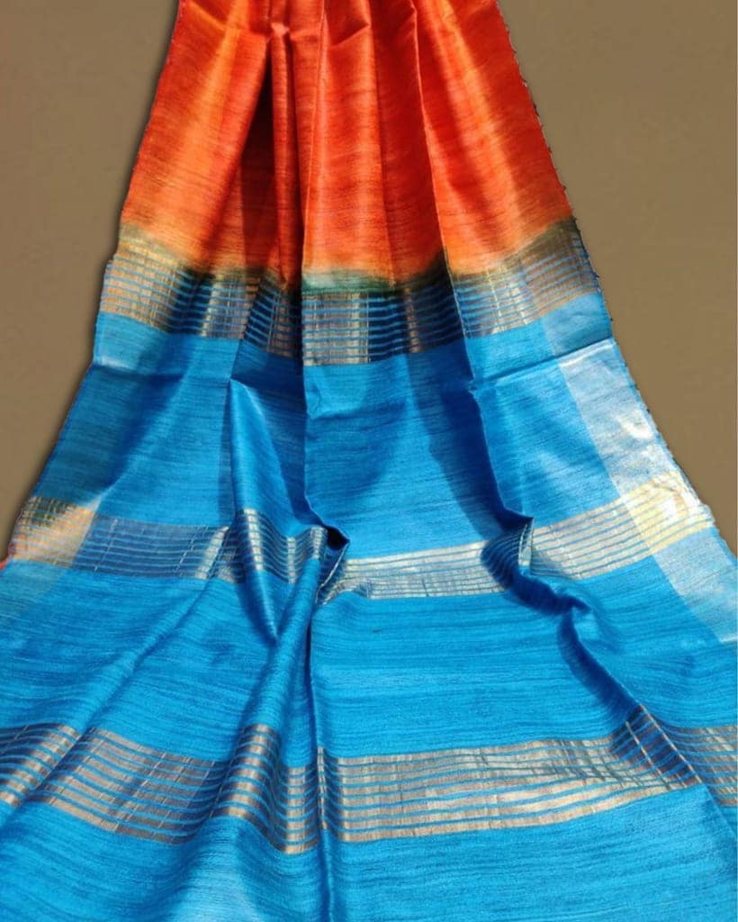 Silkmark Certified Gichcha Tussar Handloom Hand Dyed Orange color Saree with Blouse-4545