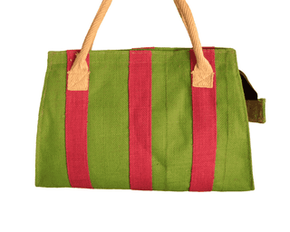 Green Jute Tote Bag with Red Stripes