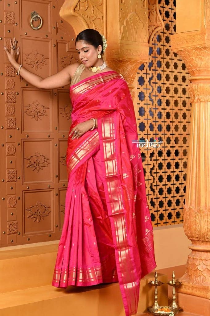 Shubh ~ Limited Edition Pure Silk Paithani with Asawali Pallu & Asawali Buttis in Exquisite Pink view 3