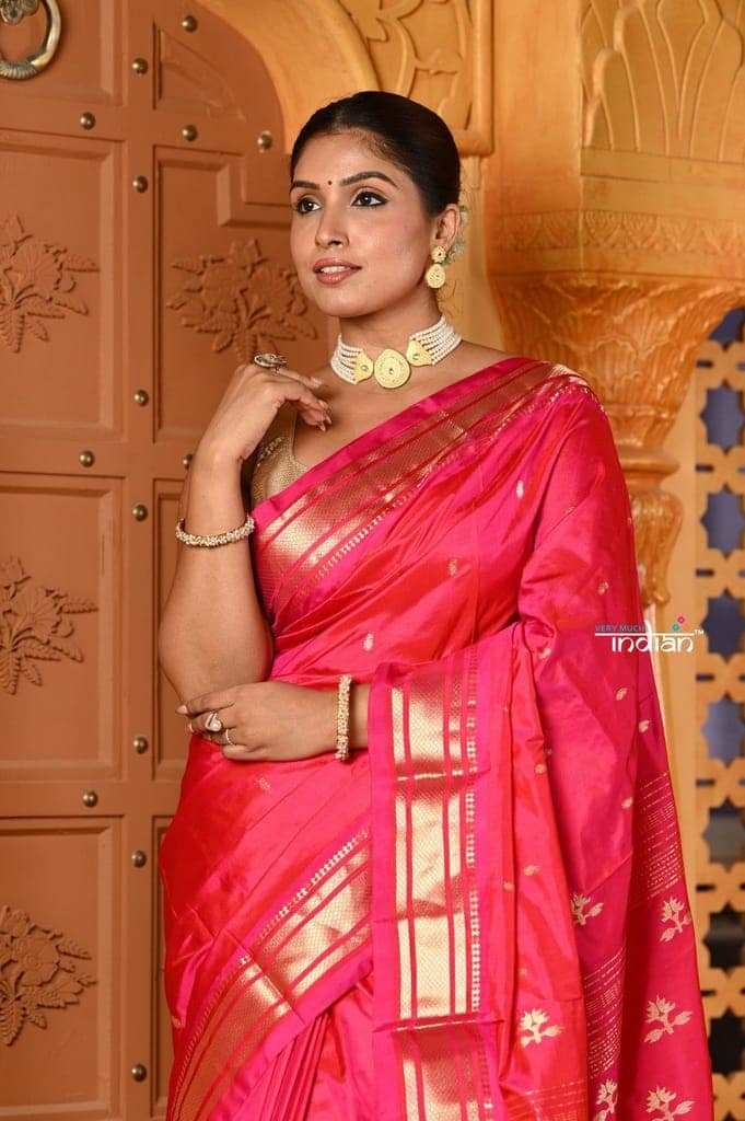 Shubh ~ Limited Edition Pure Silk Paithani with Asawali Pallu & Asawali Buttis in Exquisite Pink view 5