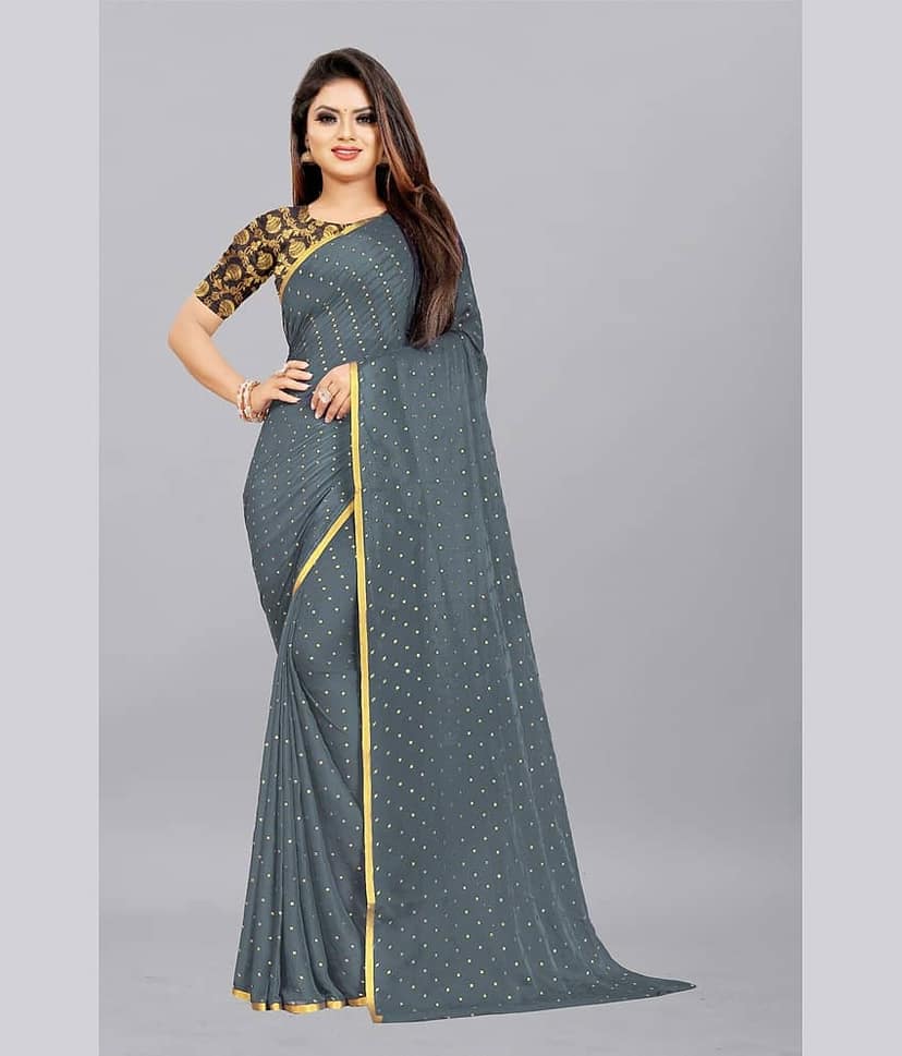 Rhey Chiffon Printed Saree With Unstitched Blouse Piece ( Navy Blue )