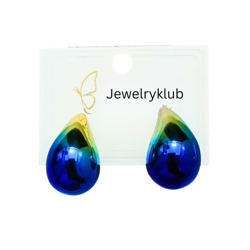 Jewelryklub Dual Metallic Colored Chunky Tear Drop Fashion Jewelry Earrings For Women & Girls - Blue Gold view 2