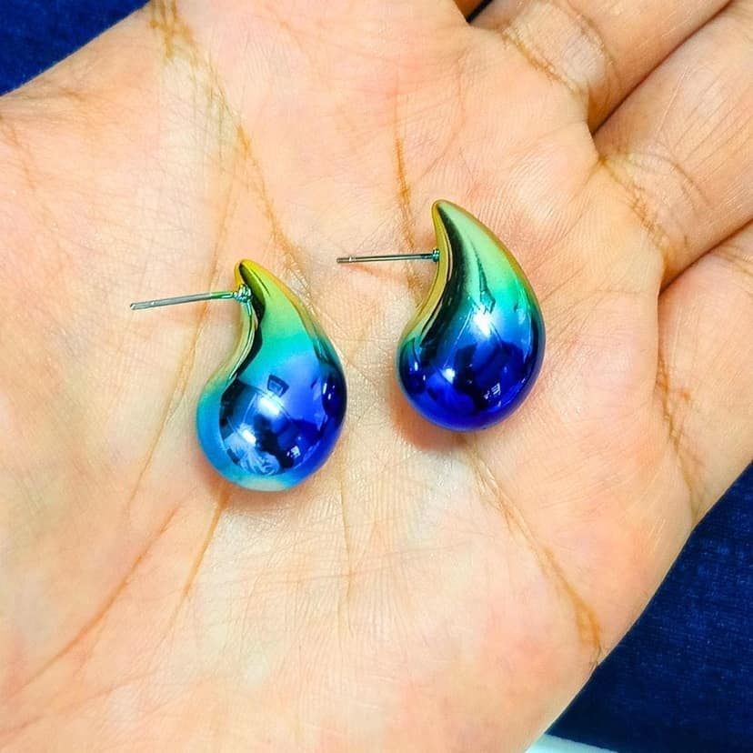 Jewelryklub Dual Metallic Colored Chunky Tear Drop Fashion Jewelry Earrings For Women & Girls - Blue Gold view 3