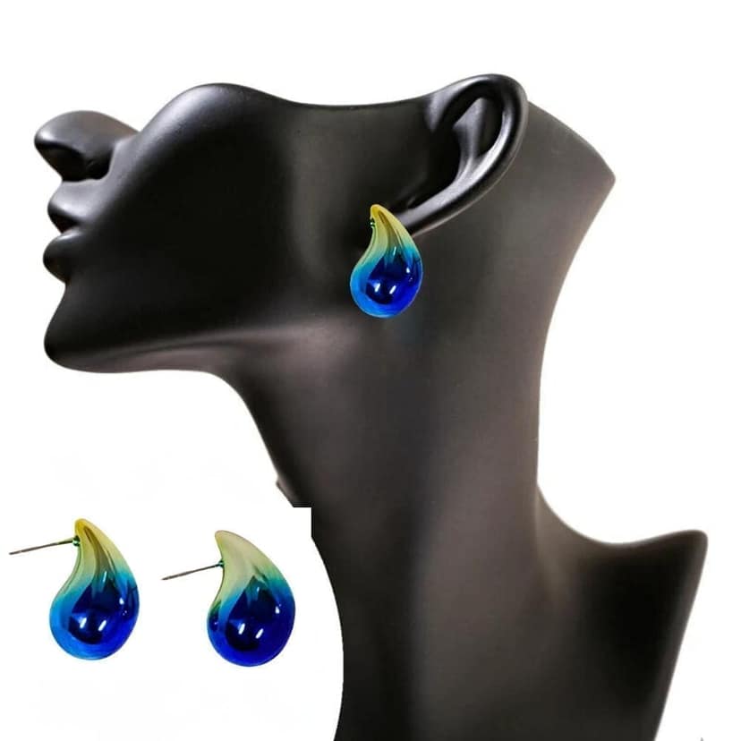 Jewelryklub Dual Metallic Colored Chunky Tear Drop Fashion Jewelry Earrings For Women & Girls - Blue Gold view 4