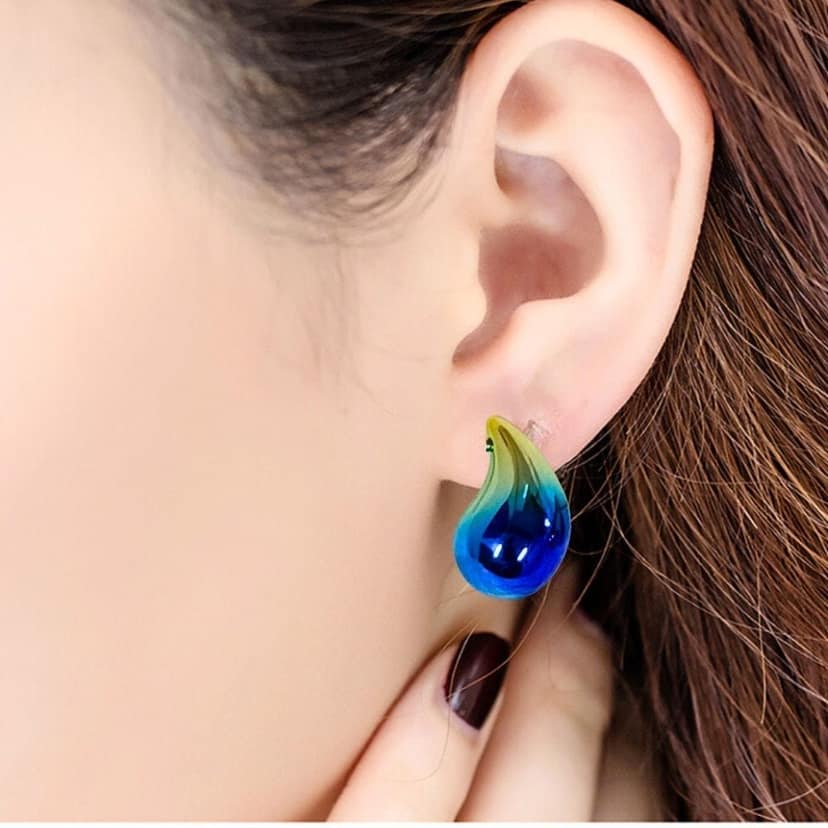Jewelryklub Dual Metallic Colored Chunky Tear Drop Fashion Jewelry Earrings For Women & Girls - Blue Gold view 5