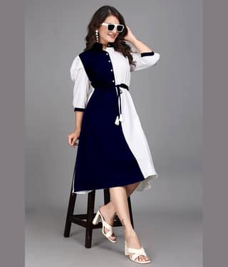 ZELZIS Women Cotton Colorblock Fit & Flare Dress ( Blue )