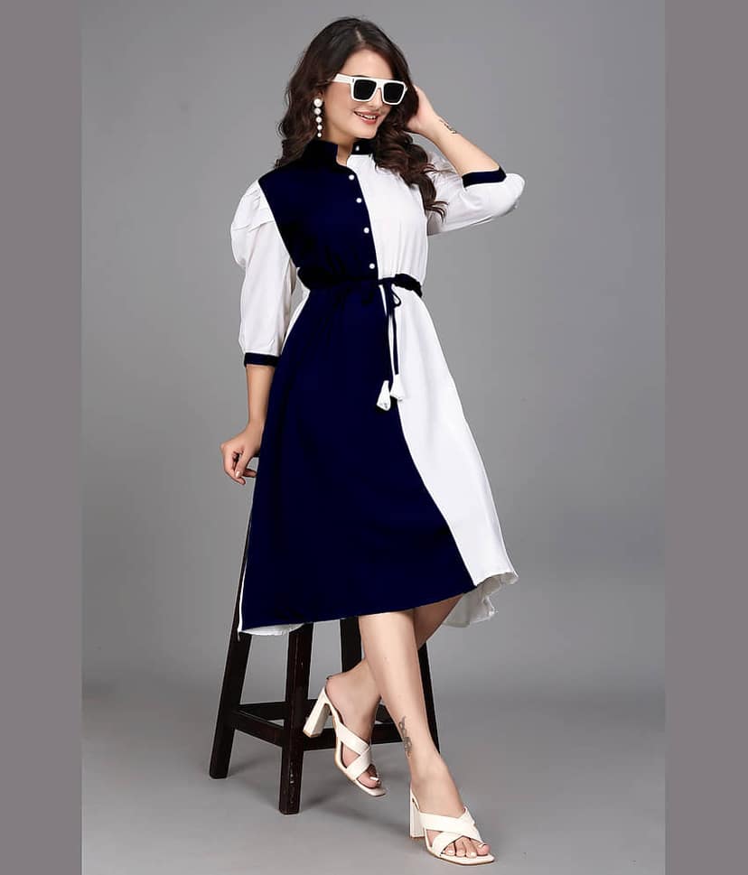 ZELZIS Women Cotton Colorblock Fit & Flare Dress ( Blue )