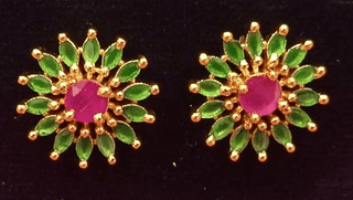 Gold Plated Green and Pink Stone Stud Earrings