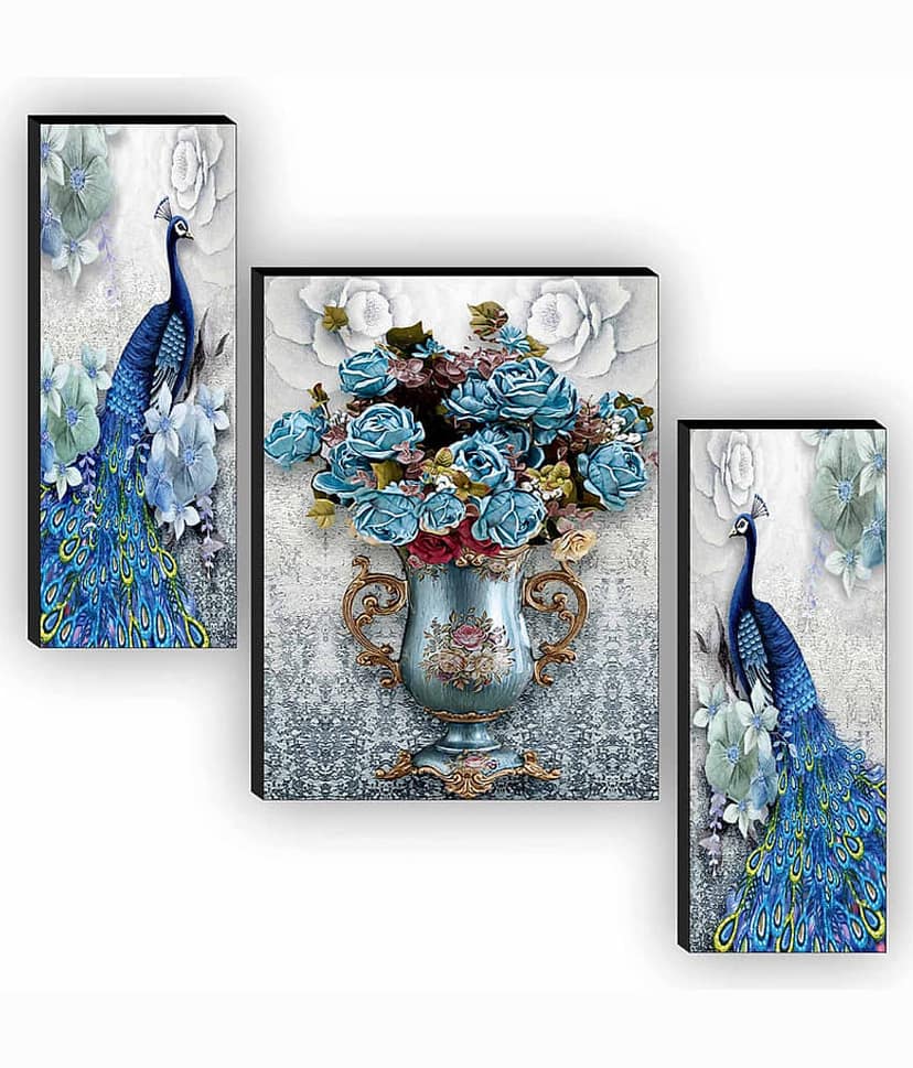 Saf - Couple Peacock With Floral Pot Painting Without Frame Set of 3 view 2