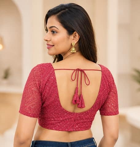 Elegant Red Chikankari Blouse with Handcrafted Floral Embroidery view 2