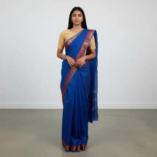 Handwoven Kanchipuram Cotton Saree in Royal Blue with Golden Border
