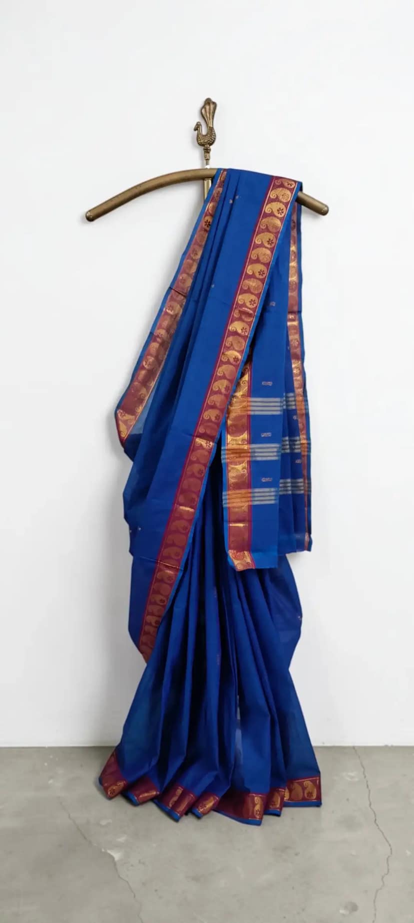 Handwoven Kanchipuram Cotton Saree in Royal Blue with Golden Border view 3