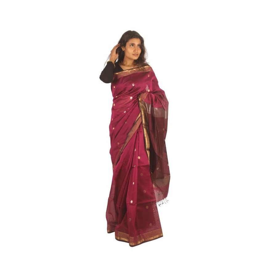 Wine Maroon Maheshwari Saree | Timeless Golden Elegance view 2