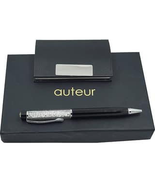 auteur 2in1 Corporate Gift Set Crystal Diamond Black (Blue Ink) Ball Pen With Premium RFID safe Black Pu Leather Card Wallet Magnetic Clouser Ideal for Every Gifting Occasion| Gift For Men|Women|Boss|Friends|Birthday|Anniversary(VCH58)