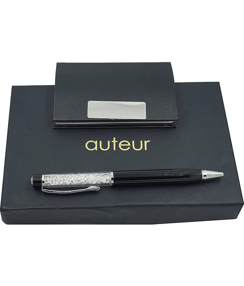 auteur 2in1 Corporate Gift Set Crystal Diamond Black (Blue Ink) Ball Pen With Premium RFID safe Black Pu Leather Card Wallet Magnetic Clouser Ideal for Every Gifting Occasion| Gift For Men|Women|Boss|Friends|Birthday|Anniversary(VCH58)