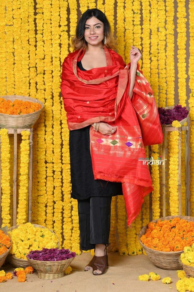 Rajsi~Handloom Pure Silk Paithani Dupatta With Beautiful Zari Work and Handwoven Buttis~ Red view 3