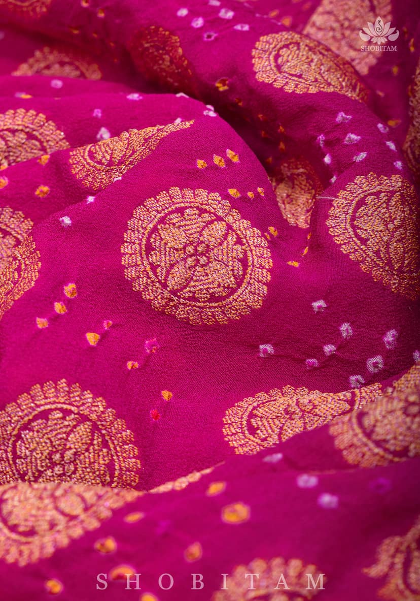 Authentic Hand Bandhej Banarasi Silk Georgette Saree in Pink | SILK MARK CERTIFIED. Vidya Balan Special Celebrity Saree view 3