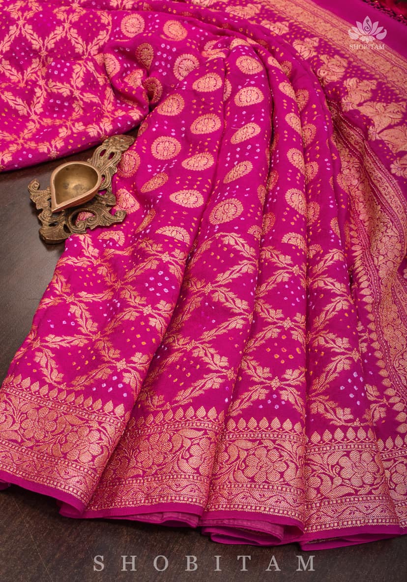 Authentic Hand Bandhej Banarasi Silk Georgette Saree in Pink | SILK MARK CERTIFIED. Vidya Balan Special Celebrity Saree view 4