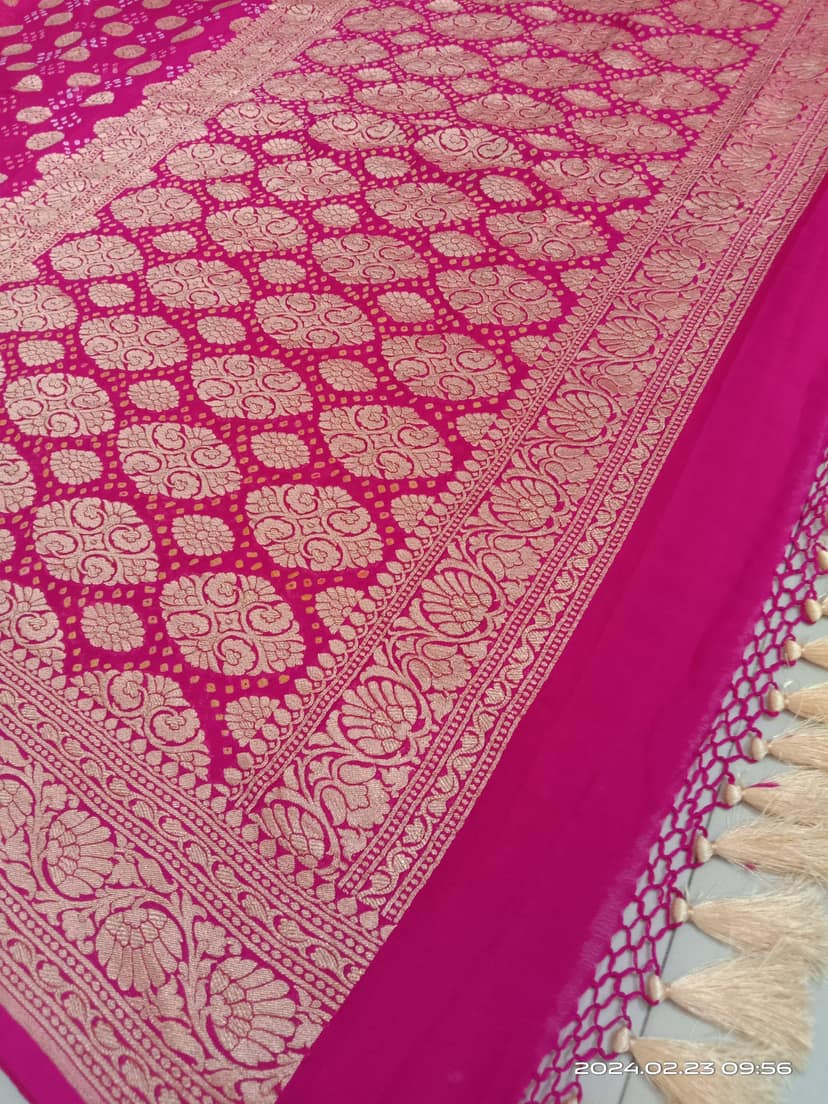 Authentic Hand Bandhej Banarasi Silk Georgette Saree in Pink | SILK MARK CERTIFIED. Vidya Balan Special Celebrity Saree view 6