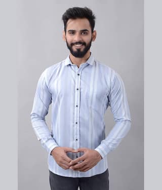 MOUDLIN Cotton Blend Slim Fit Striped Full Sleeves Men's Casual Shirt - Light Blue ( Pack of 1 )
