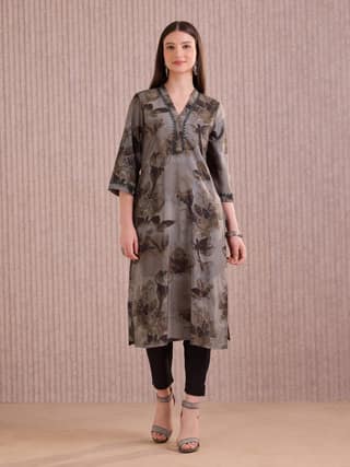 Grey Viscose Blend Printed Kurti With Mirror Work