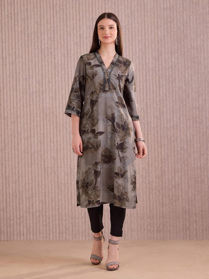 Grey Viscose Blend Printed Kurti With Mirror Work