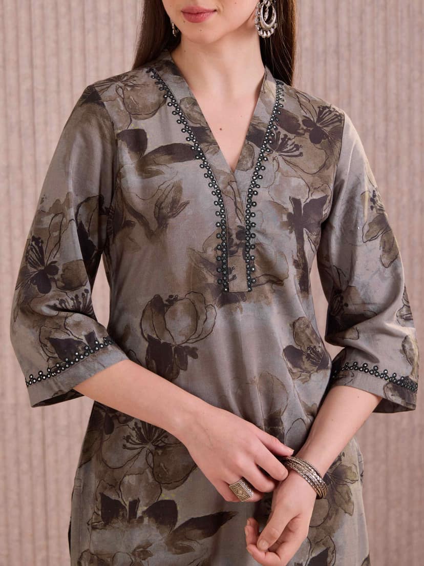 Grey Viscose Blend Printed Kurti With Mirror Work view 2