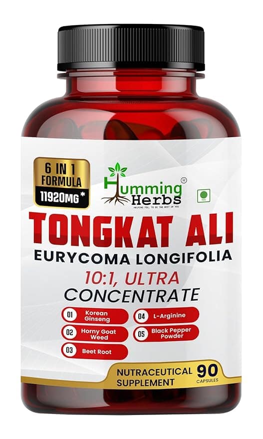 Humming Herbs Tongkat Ali Eurycoma Longifolia 6-in-1 Blend with Korean Ginseng, Horny Goat Weed, L-Arginine, Black Pepper Powder, and Beet Root for Men's Health