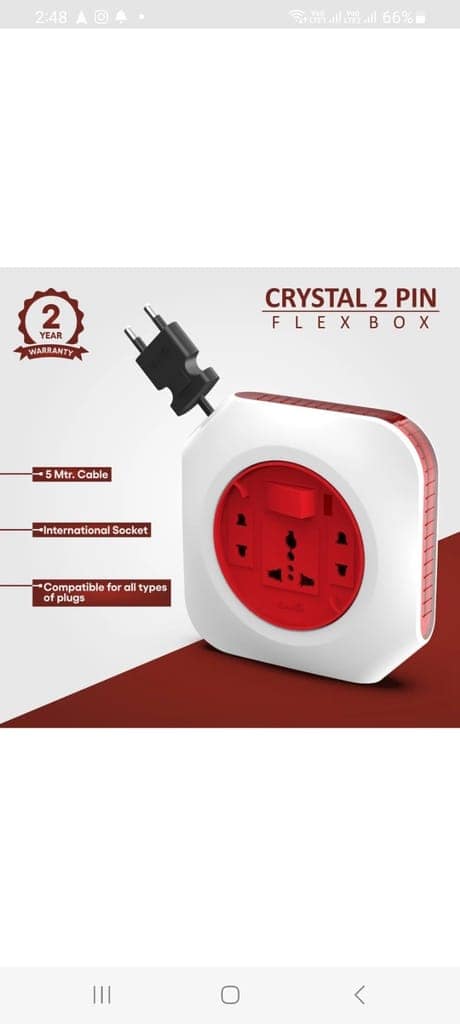 Fybros Crystal Square 2 Pin Extension Flex Box 5 Meter Power Cable with Indicator 3 Socket Extension Boards (White, Red, 5 m) view 3