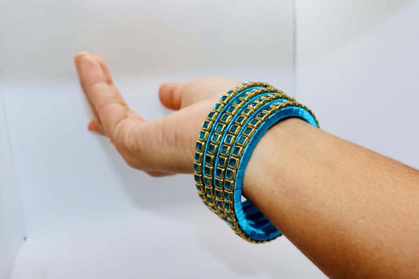 Handmade Gold and Blue Glass Kundan Stone Bangle (Set of 4) view 3