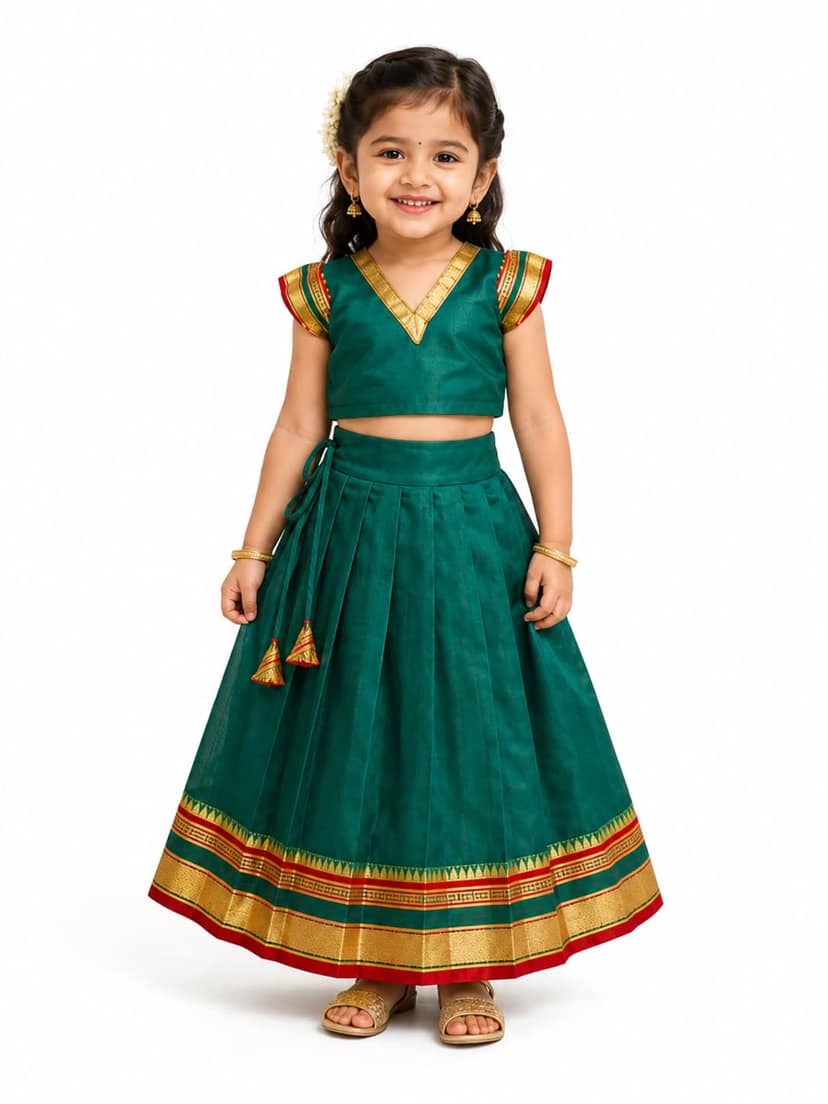 Mom and Me Girls’ Lehenga Choli/Parker Polka/Pattu Pavadai (0 Months–6 Years) | Acrylic Cotton with Soft Cotton Lining | V-Neck, Short Puff Sleeves, Zipper Closure (Green, 18-24 M)