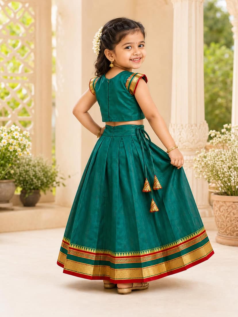 Mom and Me Girls’ Lehenga Choli/Parker Polka/Pattu Pavadai (0 Months–6 Years) | Acrylic Cotton with Soft Cotton Lining | V-Neck, Short Puff Sleeves, Zipper Closure (Green, 18-24 M) view 2