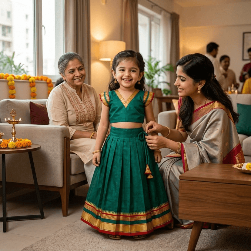 Mom and Me Girls’ Lehenga Choli/Parker Polka/Pattu Pavadai (0 Months–6 Years) | Acrylic Cotton with Soft Cotton Lining | V-Neck, Short Puff Sleeves, Zipper Closure (Green, 18-24 M) view 3